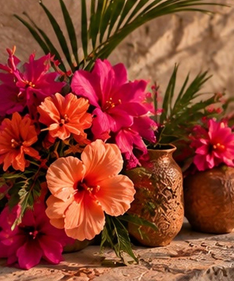 Hibiscus and bougainvillea in clay vases